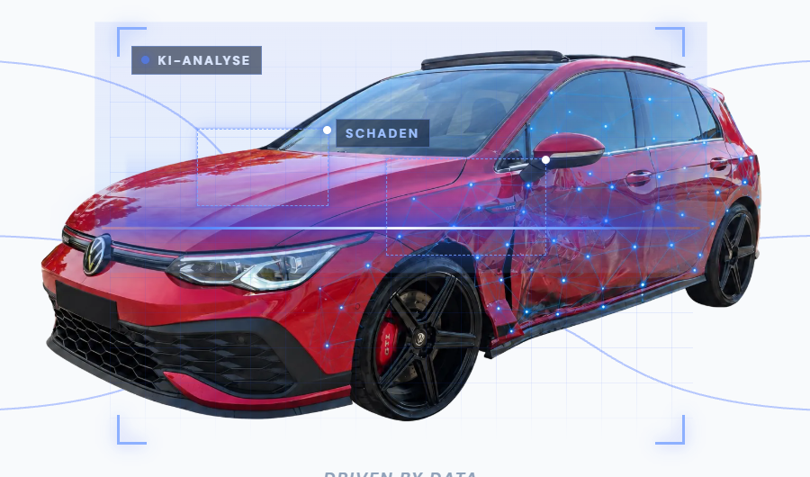 Roter Volkswagen Golf mit blauen KI-Linien zur visuellen Schadenanalyse